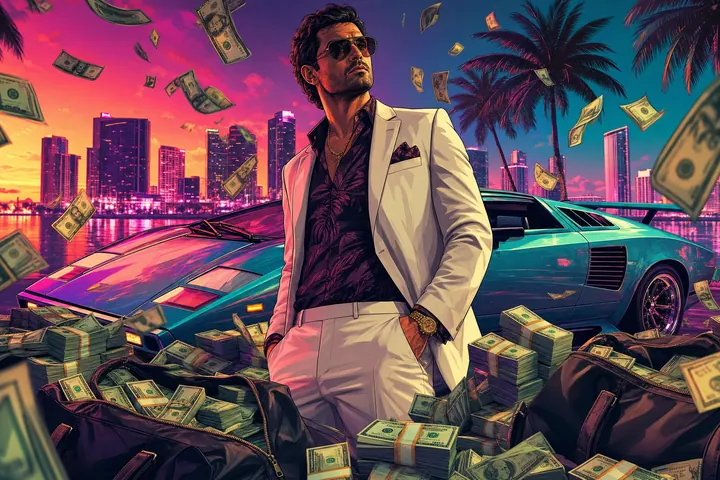 Stacks of in-game cash beside a supercar