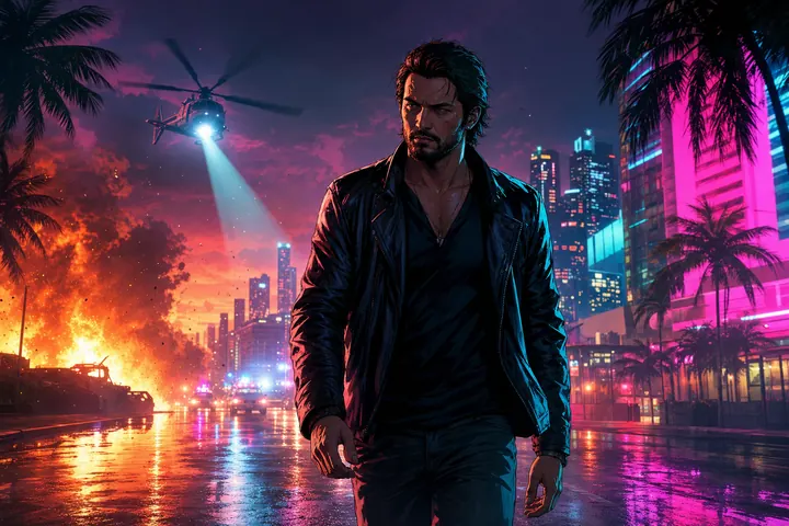 Protagonist walking away from a finished GTA story mission at night