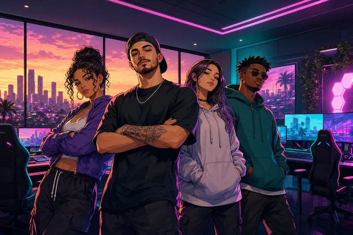 The ExpertModz crew in a neon gaming studio